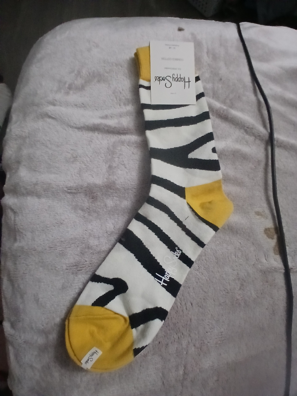 Happy Socks Men’s Zebra Stripe Crew Socks in White, Black and Yellow